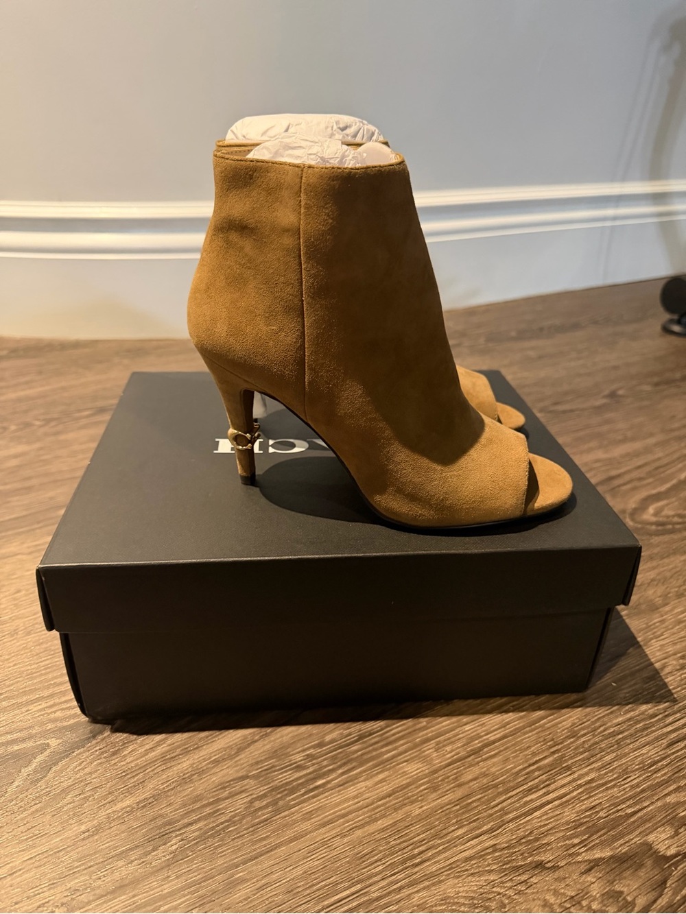 Coach Tan Suede Peep-Toe Ankle Booties
